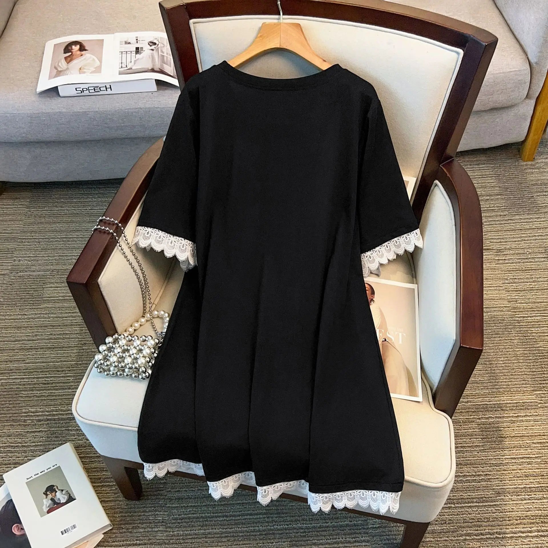 Plus Size Lace Beaded T-Shirt Dress — back view showing white lace trim
