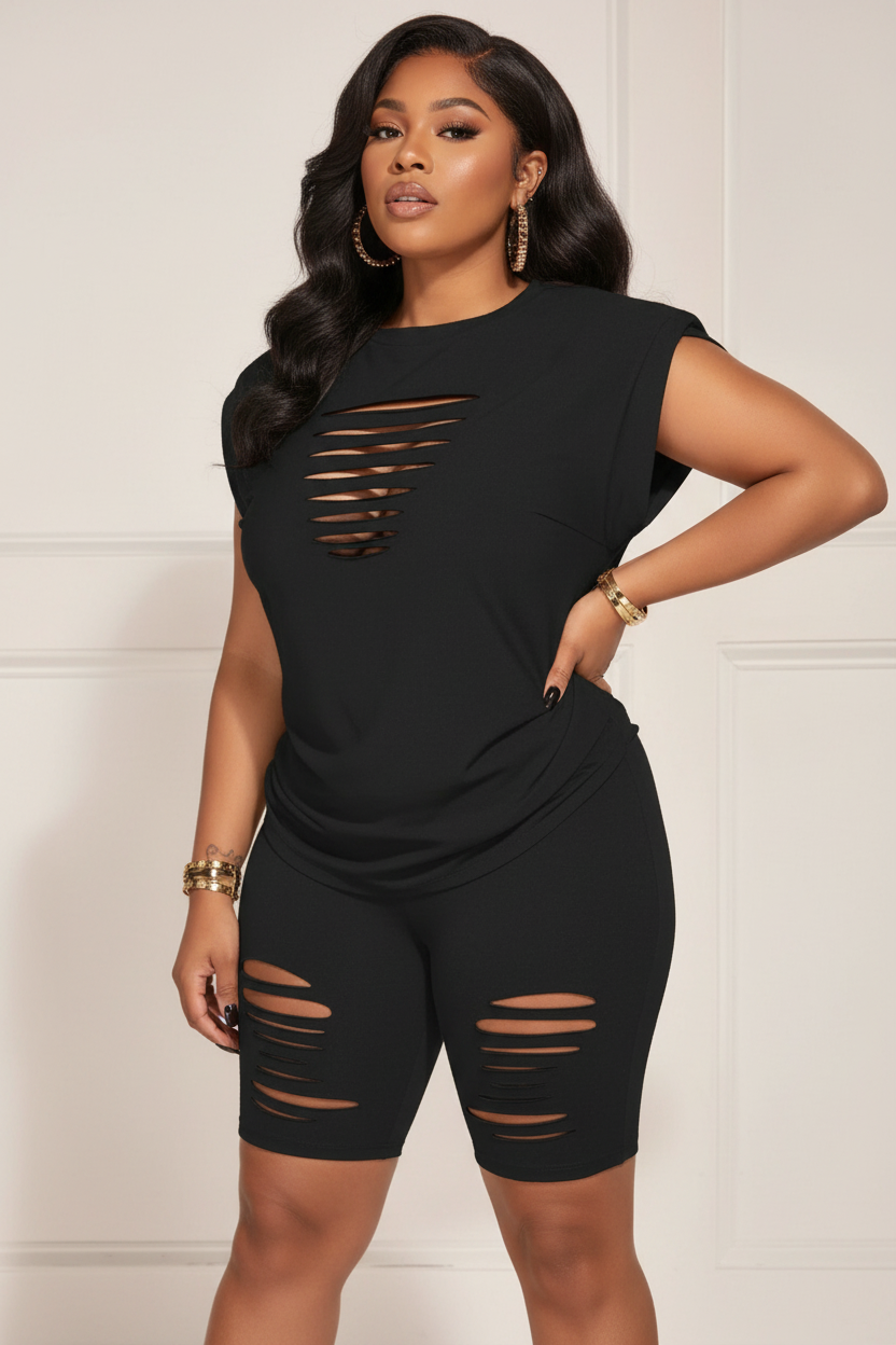 Plus size solid color t-shirt and shorts matching set, 1X-5X