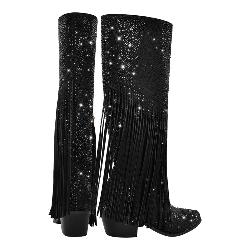 Wide Calf Fringe Western Cowboy Boots — Women's Knee High Boots Wide Fit US 5-13